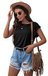 PrinStory Summer Womens Top Casual Short Sleeve T-Shirt Round Neck Ruffle Sleeve Blouse Black XX-Large