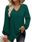 CHICZONE Women Plus Size Shirt Long Balloon Sleeve V Neck Blouses Ladies Fall Winter Work Cute Solid Loose Trendy Pullover Tops Blackish Green 3X-Large