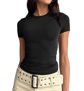 LACOZY Women's Round Neck Short Sleeve Shirt Tee Shirt Casual Workout Crop Top Y2k Black XS