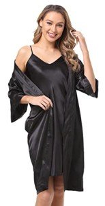 Women's Black Satin Kimono and Nightgown Set