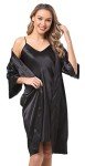 Women's Black Satin Kimono and Nightgown Set