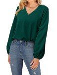 CHICZONE Women Plus Size Shirt Long Balloon Sleeve V Neck Blouses Ladies Fall Winter Work Cute Solid Loose Trendy Pullover Tops Blackish Green 3X-Large
