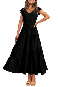 Flowy Black Maxi Dress with Cap Sleeves