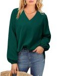 CHICZONE Women Plus Size Shirt Long Balloon Sleeve V Neck Blouses Ladies Fall Winter Work Cute Solid Loose Trendy Pullover Tops Blackish Green 3X-Large