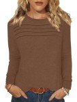 YSYOKOW Women Long Sleeve Tops Dressy Casual Shirts Fashion Pleated Blouses Crewneck Basic Tunic(Brown, Medium)
