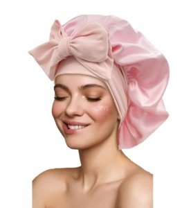 Large Pink Satin Hair Bonnet with Adjustable Straps