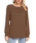 YSYOKOW Women Long Sleeve Tops Dressy Casual Shirts Fashion Pleated Blouses Crewneck Basic Tunic(Brown, Medium)