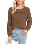 YSYOKOW Women Long Sleeve Tops Dressy Casual Shirts Fashion Pleated Blouses Crewneck Basic Tunic(Brown, Medium)