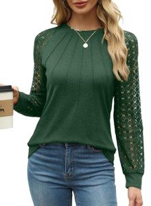 XIEERDUO Womens Long Sleeve Shirt Women Lace Long Sleeve Tops Crew Neck Pleated Blouse for Womens Sweaters Fall Clothing Trendy 2024 Green Size 10-12