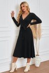 Women's Black Knit Midi Sweater Dress - V Neck