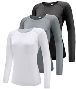 Boyzn Women's 3 Pack Long Sleeve Workout Running Shirts, UPF 50+ Sun Protection Shirts, Athletic Exercise Gym Yoga T-Shirts Black/White/Grey 3P01-S