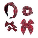 5 Pack Red Plaid Headbands and Bow Scrunchies