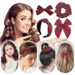 5 Pack Red Plaid Headbands and Bow Scrunchies