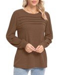 YSYOKOW Women Long Sleeve Tops Dressy Casual Shirts Fashion Pleated Blouses Crewneck Basic Tunic(Brown, Medium)