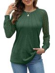 XIEERDUO Womens Long Sleeve Shirt Women Lace Long Sleeve Tops Crew Neck Pleated Blouse for Womens Sweaters Fall Clothing Trendy 2024 Green Size 10-12