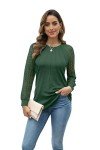 XIEERDUO Womens Long Sleeve Shirt Women Lace Long Sleeve Tops Crew Neck Pleated Blouse for Womens Sweaters Fall Clothing Trendy 2024 Green Size 10-12