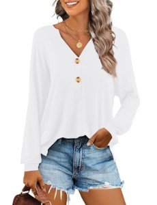 WNEEDU Womens Long Sleeve Tunic Tops Button Down V Neck Fall Henley Shirts 2024 New Casual Side Slits Pullover Blouse White L