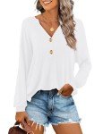WNEEDU Womens Long Sleeve Tunic Tops Button Down V Neck Fall Henley Shirts 2024 New Casual Side Slits Pullover Blouse White L