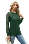 XIEERDUO Womens Long Sleeve Shirt Women Lace Long Sleeve Tops Crew Neck Pleated Blouse for Womens Sweaters Fall Clothing Trendy 2024 Green Size 10-12