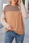 Dokotoo Oversized Womens Shirts Fall Clothes Lightweight Crew Neck Long Sleeve Tops Casual Loose Comfortable Lightweight Color Block Sweatshirt Ribbed Tunics Blouses Khaki 2XL