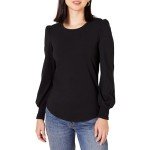 Amazon Essentials Women's Long-Sleeve Crewneck Smocked Cuff T-Shirt, Black, Medium