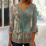 Today Deals 2024 Women Vintage Floral Blouses 3/4 Flare Sleeve T Shirt Loose Slim Pleated Front V Neck Button Tops Boho Style Tunic Women Shirts Casual(Army Green,Large)