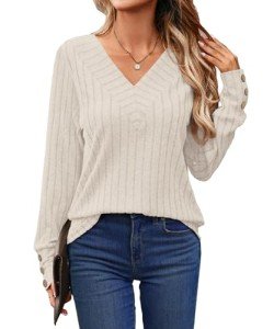 YSYOKOW Womens Long Sleeve Blouses Dressy Casual Tops Trendy V Neck Shirts Fashion Decorative Buttons Knit Tunic(Beige, Small)