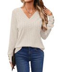 YSYOKOW Womens Long Sleeve Blouses Dressy Casual Tops Trendy V Neck Shirts Fashion Decorative Buttons Knit Tunic(Beige, Small)