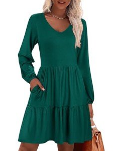 Hotouch Women's V Neck Tiered Tunic Dress - Green