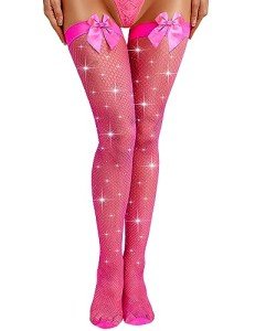 Fluorescent Pink Fishnet Thigh High Stockings with Rhinestones