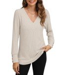 YSYOKOW Womens Long Sleeve Blouses Dressy Casual Tops Trendy V Neck Shirts Fashion Decorative Buttons Knit Tunic(Beige, Small)