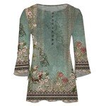 Today Deals 2024 Women Vintage Floral Blouses 3/4 Flare Sleeve T Shirt Loose Slim Pleated Front V Neck Button Tops Boho Style Tunic Women Shirts Casual(Army Green,Large)