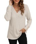 YSYOKOW Womens Long Sleeve Blouses Dressy Casual Tops Trendy V Neck Shirts Fashion Decorative Buttons Knit Tunic(Beige, Small)