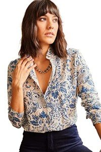 BIG DART Blouses for Women Fashion, Long Sleeve Button Down Shirts Dressy Casual Tops (Medium, Blue Print)