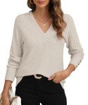 YSYOKOW Womens Long Sleeve Blouses Dressy Casual Tops Trendy V Neck Shirts Fashion Decorative Buttons Knit Tunic(Beige, Small)