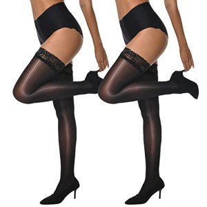MANZI Sheer Thigh High Stockings with Lace Top
