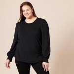 Amazon Essentials Women's Long-Sleeve Crewneck Smocked Cuff T-Shirt, Black, Medium
