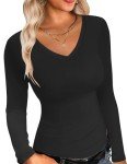 Ekouaer Long Sleeve Shirts for Women V Neck Basics Tops Lightweight Base Layer Slim Fit Top Thermal Undershirts Tee Black S