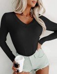 Ekouaer Long Sleeve Shirts for Women V Neck Basics Tops Lightweight Base Layer Slim Fit Top Thermal Undershirts Tee Black S