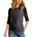 Decrum Grey and Black Soft Cotton Baseball Shirt Women 3/4 Sleeve Raglan Striped Shirts for Women | [40041053] Charcoal Grey & Black Striped Rgln, M