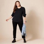 Amazon Essentials Women's Long-Sleeve Crewneck Smocked Cuff T-Shirt, Black, Medium