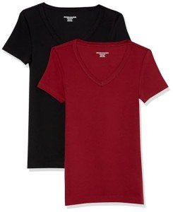 Amazon Essentials Women's Slim-Fit Short-Sleeve V-Neck T-Shirt, Pack of 2, Black/Burgundy, Large