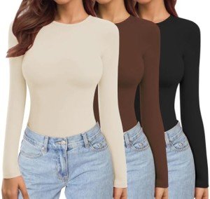 Ekouaer Womens 3 Pack Long Sleeve Shirts Crew Neck Stretch Fitted Basic Tops Underscrubs Layer Tee Black/Coffee/Beige M