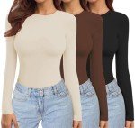 Ekouaer Womens 3 Pack Long Sleeve Shirts Crew Neck Stretch Fitted Basic Tops Underscrubs Layer Tee Black/Coffee/Beige M