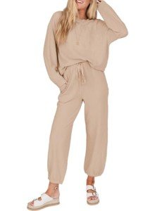 SHEWIN Women's Waffle Lounge Set in Khaki