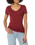 Amazon Essentials Women's Slim-Fit Short-Sleeve V-Neck T-Shirt, Pack of 2, Black/Burgundy, Large