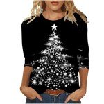 Christmas Shirts Womens Funny Snowflake Tees Plus Size 3/4 Sleeve Tops Cute Crewneck Vacation Christmas Tree Shirts