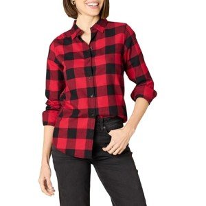 Amazon Essentials Women's Long-Sleeve Classic-Fit Lightweight Plaid Flannel Shirt Shirt, -red buffalo check, X-Large