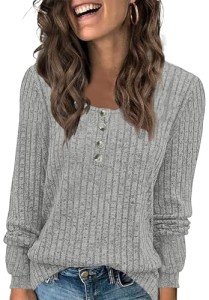 WNEEDU Sweatshirt for Women Fall Button Down Pullover Top Lightweight Henley Shirt Long Sleeve Tunic Tops for Ladies 2024 Light Grey M
