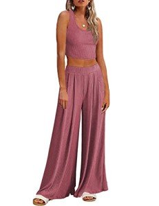 Ekouaer Women's Ribbed Knit Pajama Set - Old Rose